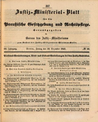 Justiz-Ministerialblatt für die preußische Gesetzgebung und Rechtspflege Freitag 10. Dezember 1841