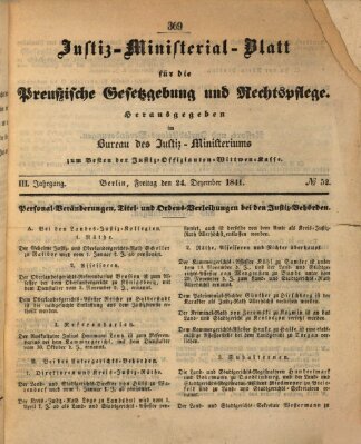 Justiz-Ministerialblatt für die preußische Gesetzgebung und Rechtspflege Freitag 24. Dezember 1841