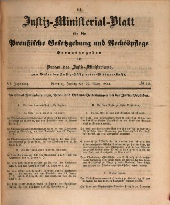 Justiz-Ministerialblatt für die preußische Gesetzgebung und Rechtspflege Freitag 22. März 1844