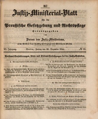 Justiz-Ministerialblatt für die preußische Gesetzgebung und Rechtspflege Freitag 20. Dezember 1844