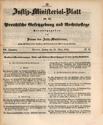 Justiz-Ministerialblatt für die preußische Gesetzgebung und Rechtspflege Freitag 21. März 1845