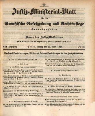 Justiz-Ministerialblatt für die preußische Gesetzgebung und Rechtspflege Freitag 27. März 1846