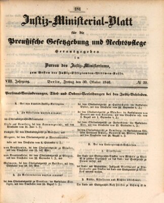 Justiz-Ministerialblatt für die preußische Gesetzgebung und Rechtspflege Freitag 30. Oktober 1846