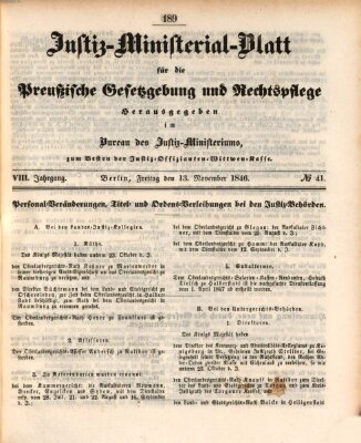 Justiz-Ministerialblatt für die preußische Gesetzgebung und Rechtspflege Freitag 13. November 1846