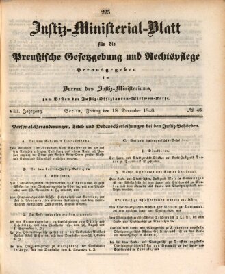 Justiz-Ministerialblatt für die preußische Gesetzgebung und Rechtspflege Freitag 18. Dezember 1846