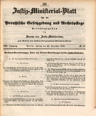 Justiz-Ministerialblatt für die preußische Gesetzgebung und Rechtspflege Freitag 25. Dezember 1846