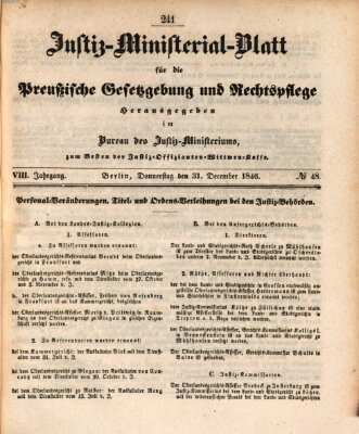 Justiz-Ministerialblatt für die preußische Gesetzgebung und Rechtspflege Donnerstag 31. Dezember 1846