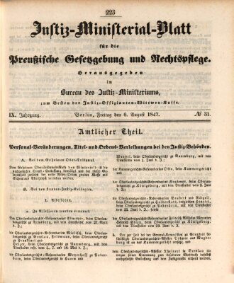Justiz-Ministerialblatt für die preußische Gesetzgebung und Rechtspflege Freitag 6. August 1847