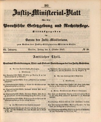 Justiz-Ministerialblatt für die preußische Gesetzgebung und Rechtspflege Freitag 1. Oktober 1847