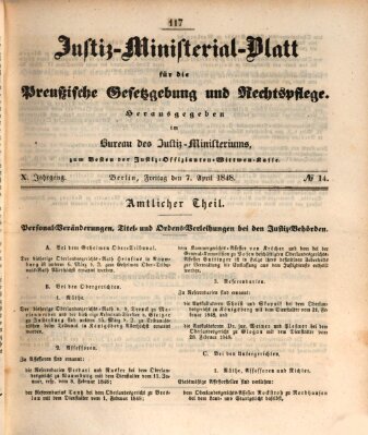 Justiz-Ministerialblatt für die preußische Gesetzgebung und Rechtspflege Freitag 7. April 1848