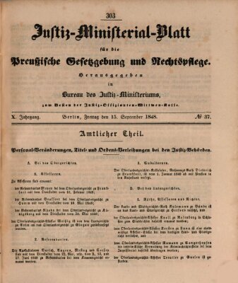 Justiz-Ministerialblatt für die preußische Gesetzgebung und Rechtspflege Freitag 15. September 1848