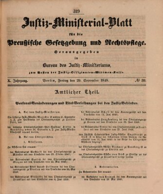 Justiz-Ministerialblatt für die preußische Gesetzgebung und Rechtspflege Freitag 29. September 1848