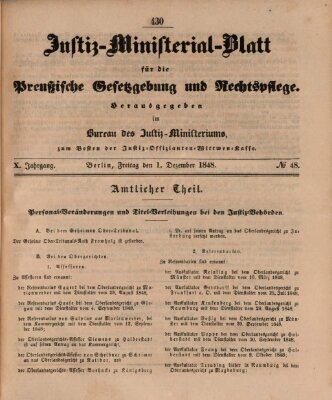 Justiz-Ministerialblatt für die preußische Gesetzgebung und Rechtspflege Freitag 1. Dezember 1848