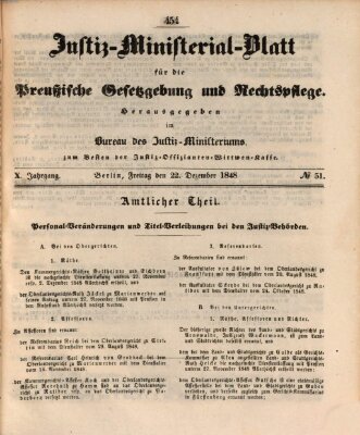 Justiz-Ministerialblatt für die preußische Gesetzgebung und Rechtspflege Freitag 22. Dezember 1848