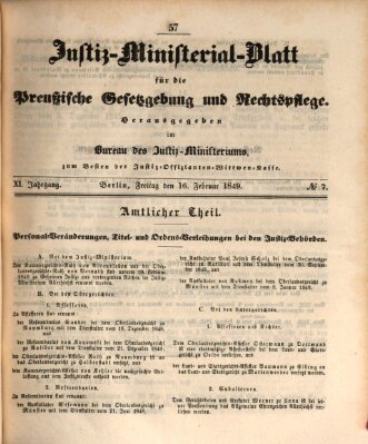 Justiz-Ministerialblatt für die preußische Gesetzgebung und Rechtspflege Freitag 16. Februar 1849