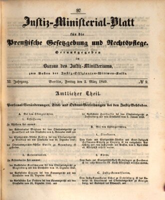 Justiz-Ministerialblatt für die preußische Gesetzgebung und Rechtspflege Freitag 2. März 1849