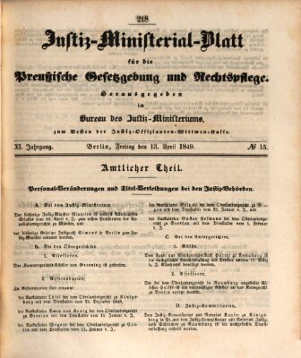 Justiz-Ministerialblatt für die preußische Gesetzgebung und Rechtspflege Freitag 13. April 1849