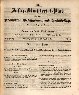 Justiz-Ministerialblatt für die preußische Gesetzgebung und Rechtspflege Freitag 20. April 1849