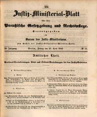 Justiz-Ministerialblatt für die preußische Gesetzgebung und Rechtspflege Freitag 27. April 1849