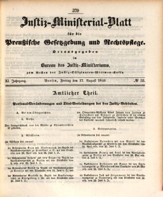 Justiz-Ministerialblatt für die preußische Gesetzgebung und Rechtspflege Freitag 17. August 1849