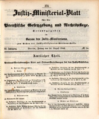 Justiz-Ministerialblatt für die preußische Gesetzgebung und Rechtspflege Freitag 24. August 1849