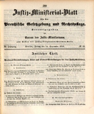 Justiz-Ministerialblatt für die preußische Gesetzgebung und Rechtspflege Freitag 14. September 1849