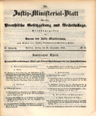 Justiz-Ministerialblatt für die preußische Gesetzgebung und Rechtspflege Freitag 21. September 1849