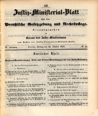 Justiz-Ministerialblatt für die preußische Gesetzgebung und Rechtspflege Freitag 26. Oktober 1849