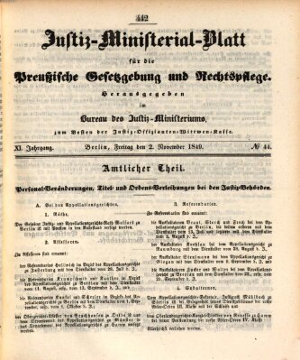 Justiz-Ministerialblatt für die preußische Gesetzgebung und Rechtspflege Freitag 2. November 1849