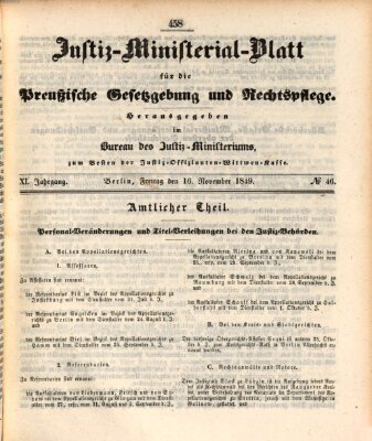 Justiz-Ministerialblatt für die preußische Gesetzgebung und Rechtspflege Freitag 16. November 1849