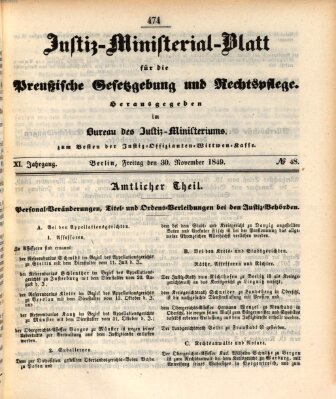 Justiz-Ministerialblatt für die preußische Gesetzgebung und Rechtspflege Freitag 30. November 1849