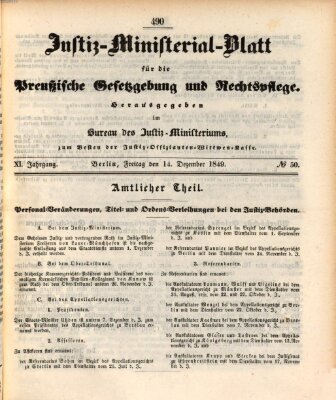 Justiz-Ministerialblatt für die preußische Gesetzgebung und Rechtspflege Freitag 14. Dezember 1849