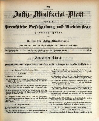 Justiz-Ministerialblatt für die preußische Gesetzgebung und Rechtspflege Freitag 22. Februar 1850