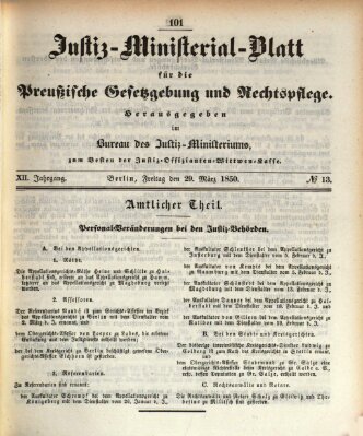 Justiz-Ministerialblatt für die preußische Gesetzgebung und Rechtspflege Freitag 29. März 1850