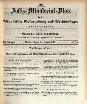 Justiz-Ministerialblatt für die preußische Gesetzgebung und Rechtspflege Freitag 5. April 1850