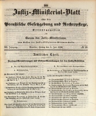 Justiz-Ministerialblatt für die preußische Gesetzgebung und Rechtspflege Freitag 5. Juli 1850