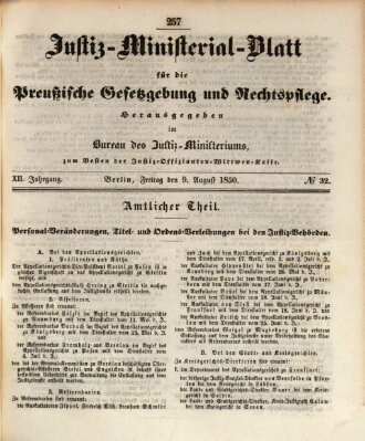 Justiz-Ministerialblatt für die preußische Gesetzgebung und Rechtspflege Freitag 9. August 1850