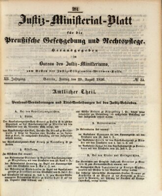 Justiz-Ministerialblatt für die preußische Gesetzgebung und Rechtspflege Freitag 23. August 1850