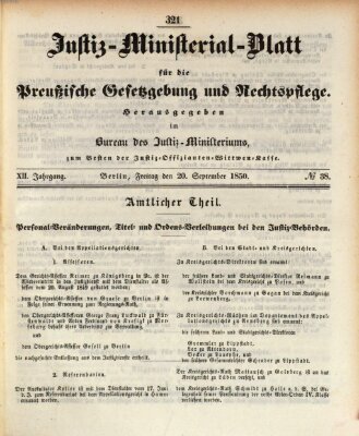 Justiz-Ministerialblatt für die preußische Gesetzgebung und Rechtspflege Freitag 20. September 1850