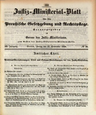 Justiz-Ministerialblatt für die preußische Gesetzgebung und Rechtspflege Freitag 27. September 1850