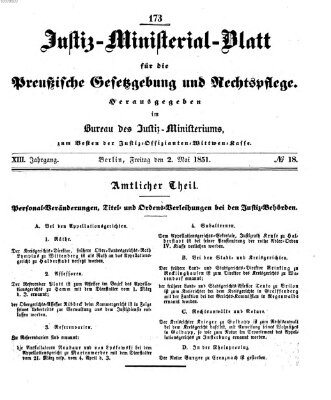 Justiz-Ministerialblatt für die preußische Gesetzgebung und Rechtspflege Freitag 2. Mai 1851