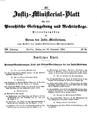 Justiz-Ministerialblatt für die preußische Gesetzgebung und Rechtspflege Freitag 19. September 1851