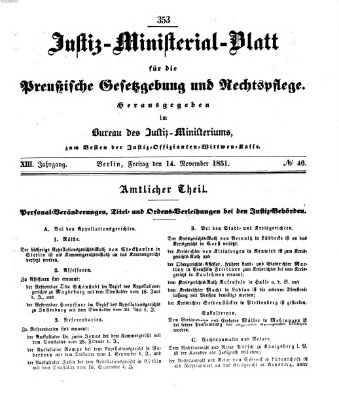 Justiz-Ministerialblatt für die preußische Gesetzgebung und Rechtspflege Freitag 14. November 1851