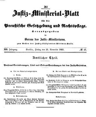 Justiz-Ministerialblatt für die preußische Gesetzgebung und Rechtspflege Freitag 21. November 1851