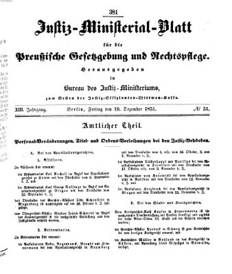 Justiz-Ministerialblatt für die preußische Gesetzgebung und Rechtspflege Freitag 19. Dezember 1851