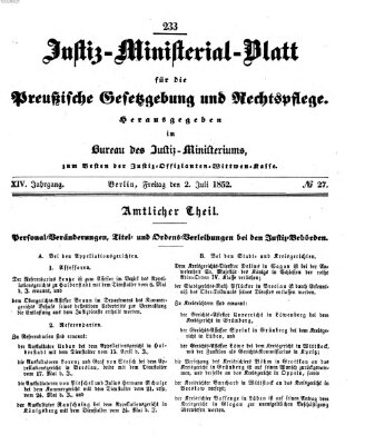 Justiz-Ministerialblatt für die preußische Gesetzgebung und Rechtspflege Freitag 2. Juli 1852