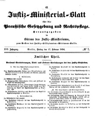 Justiz-Ministerialblatt für die preußische Gesetzgebung und Rechtspflege Freitag 17. Februar 1854
