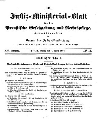 Justiz-Ministerialblatt für die preußische Gesetzgebung und Rechtspflege Freitag 7. April 1854