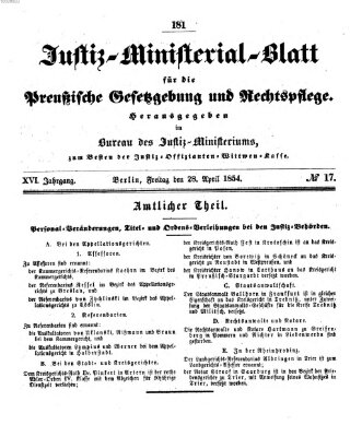 Justiz-Ministerialblatt für die preußische Gesetzgebung und Rechtspflege Freitag 28. April 1854