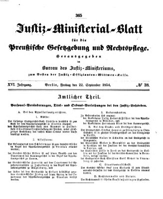 Justiz-Ministerialblatt für die preußische Gesetzgebung und Rechtspflege Freitag 22. September 1854